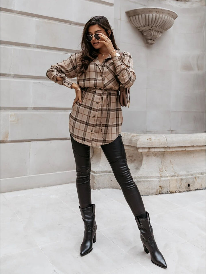 Long sleeve shirt dress for women with adjustable belt and trendy checkered design Lune London