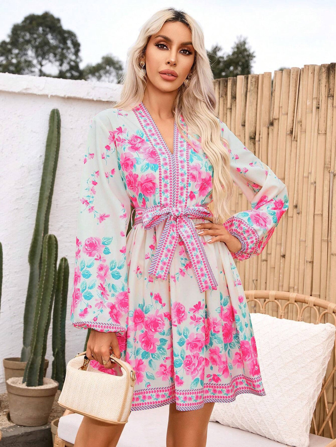 Women's dress with floral details and waist belt Lune London
