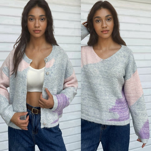Creative knit sweater for women with asymmetrical neckline and colorful design Lune London