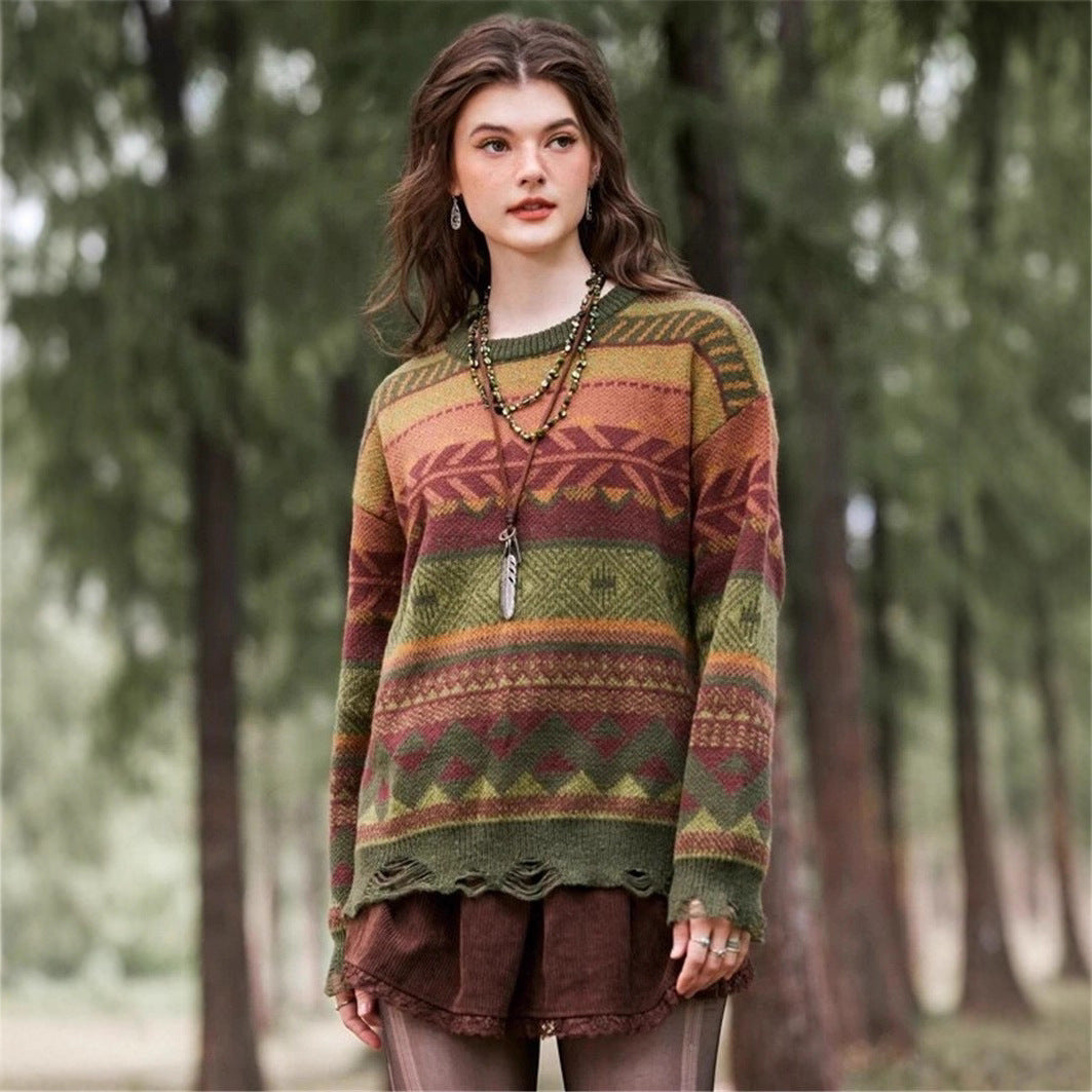 Bohème patterned women's sweater with fringed hem Lune London