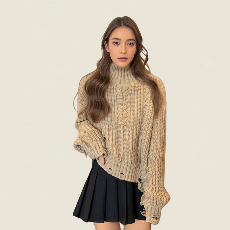 Women chunky knit sweater with high collar and structured design Lune London