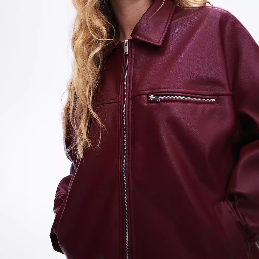 Fashionable synthetic leather jacket for women with elastic hem and modern cut Lune London