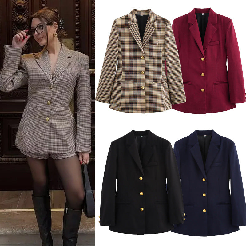 Women modern checked blazer with golden buttons Lune London