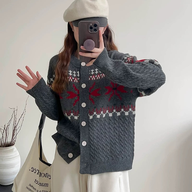 Chunky knit cardigan for women with decorative cable pattern and button details Lune London