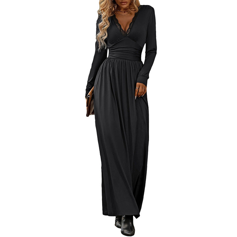Elegant maxi dress for women with deep V-neck and decorative ruffle design Lune London
