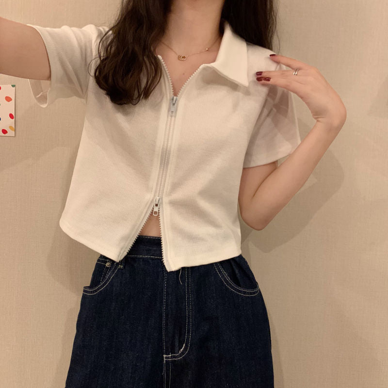 Women Cropped Polo Shirt with Zipper and Textured Finish Lune London