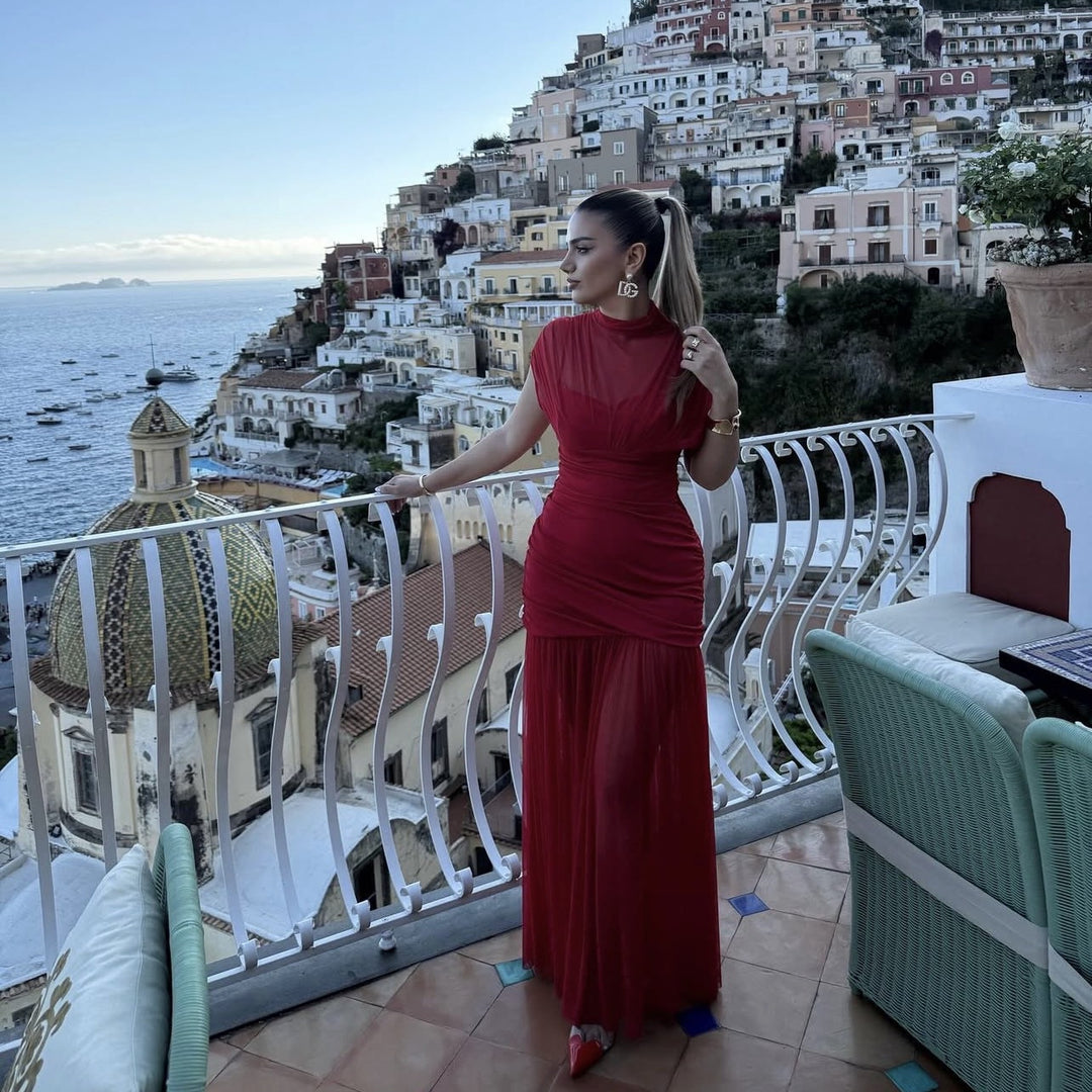 Maxi dress for women with trendy high collar and refined gathered detail Lune London