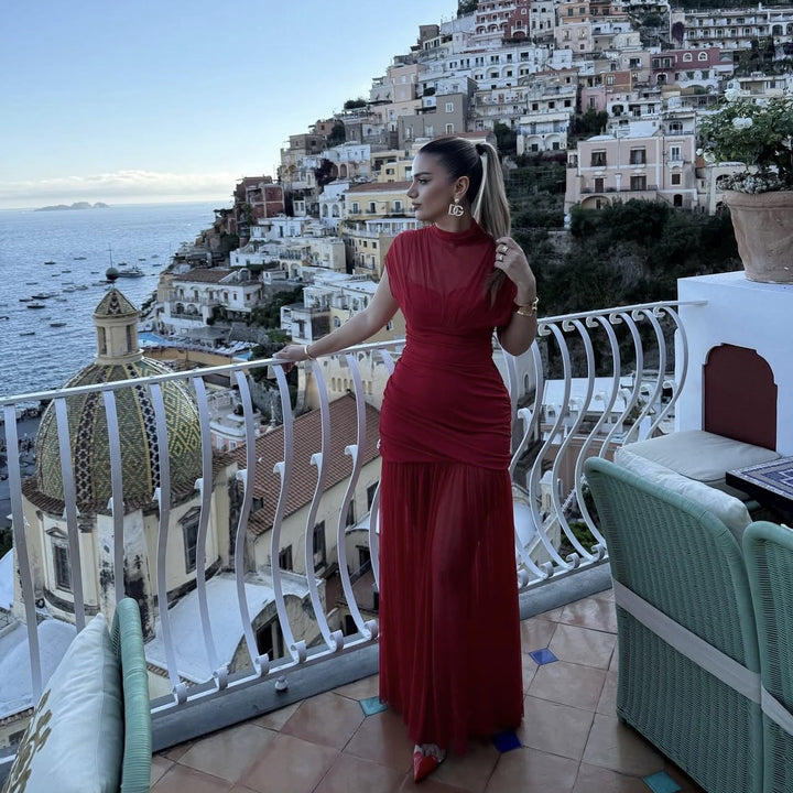 Maxi dress for women with trendy high collar and refined gathered detail Lune London
