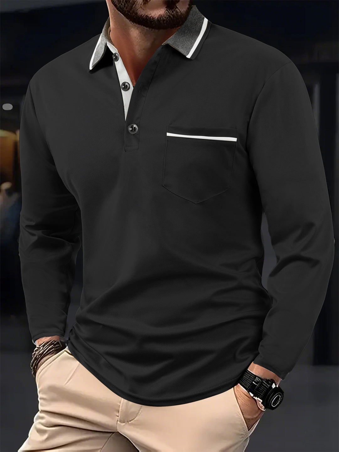 Men's long sleeve polo with textured collar and chest pocket Lune London