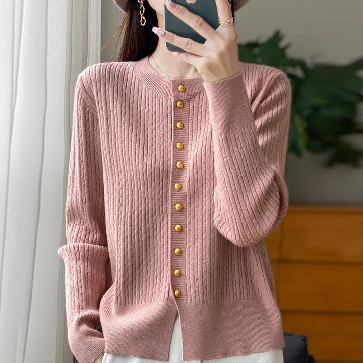Lady's knit jacket with gold buttons Lune London