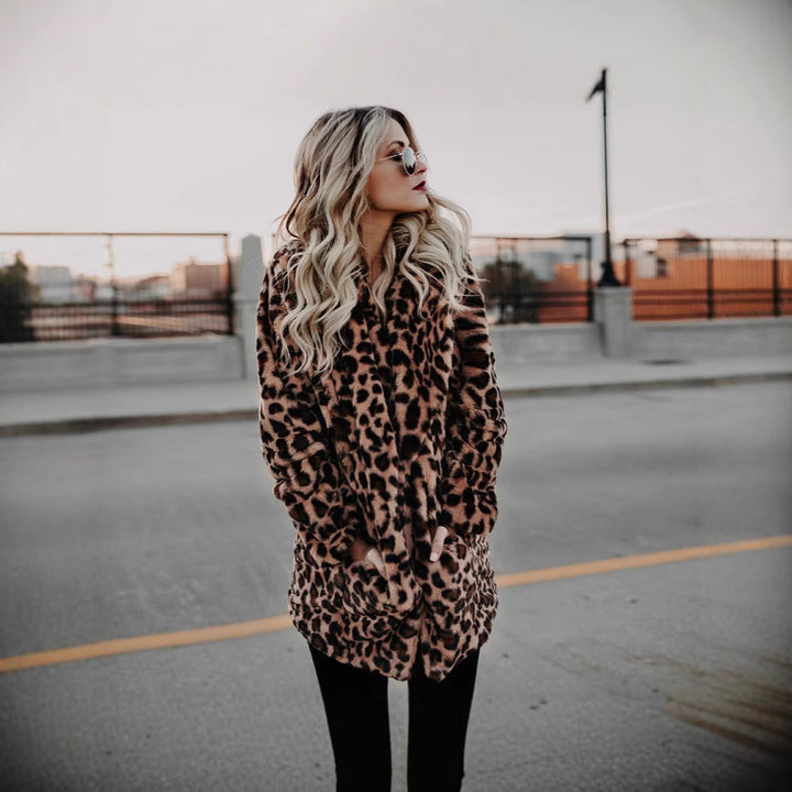Ladies luxury faux fur coat with exotic leopard pattern Lune London