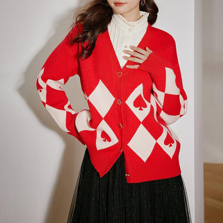 Knit jacket for women with heart-shaped buttons and diamond pattern Lune London