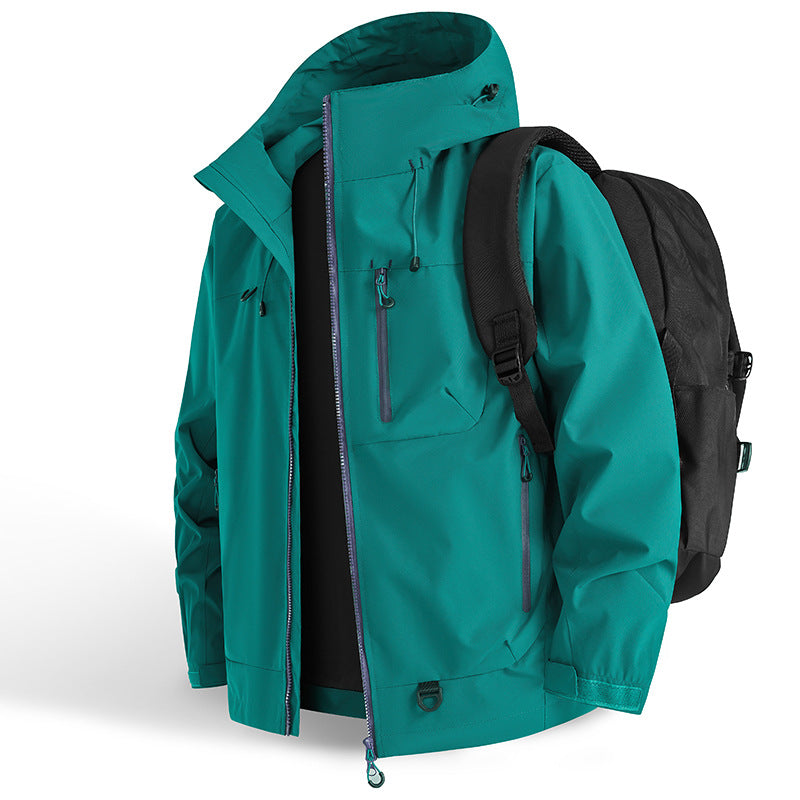 Functional outdoor jacket for men with adjustable hood drawstring and practical zip pockets Lune London