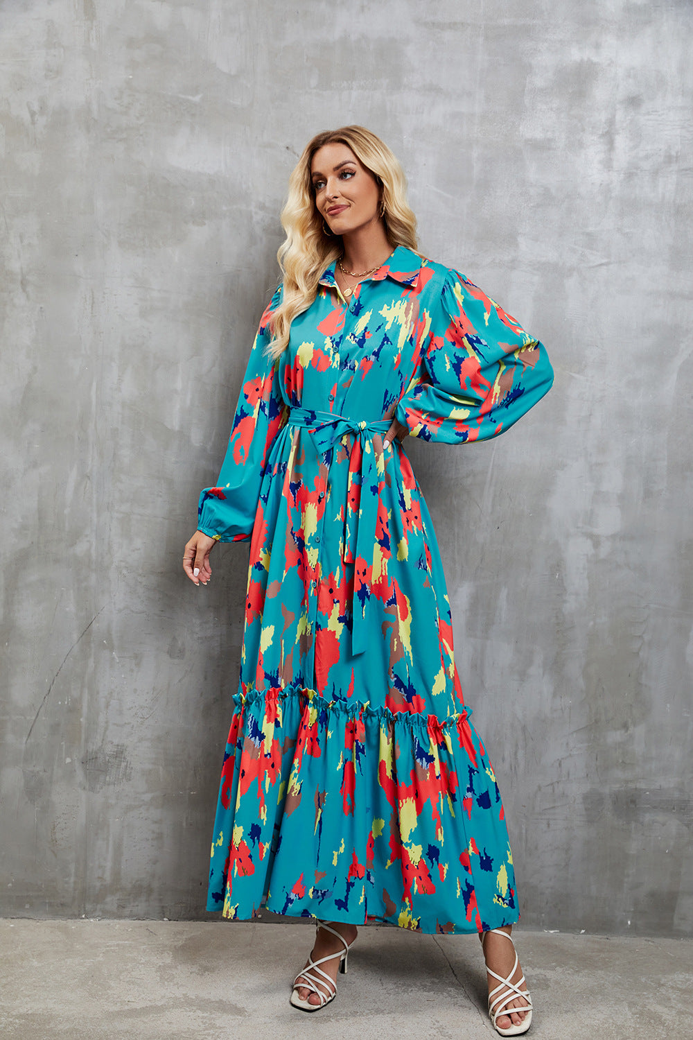 Ladies elegant maxi dress with high neck collar and colorful pattern Lune London