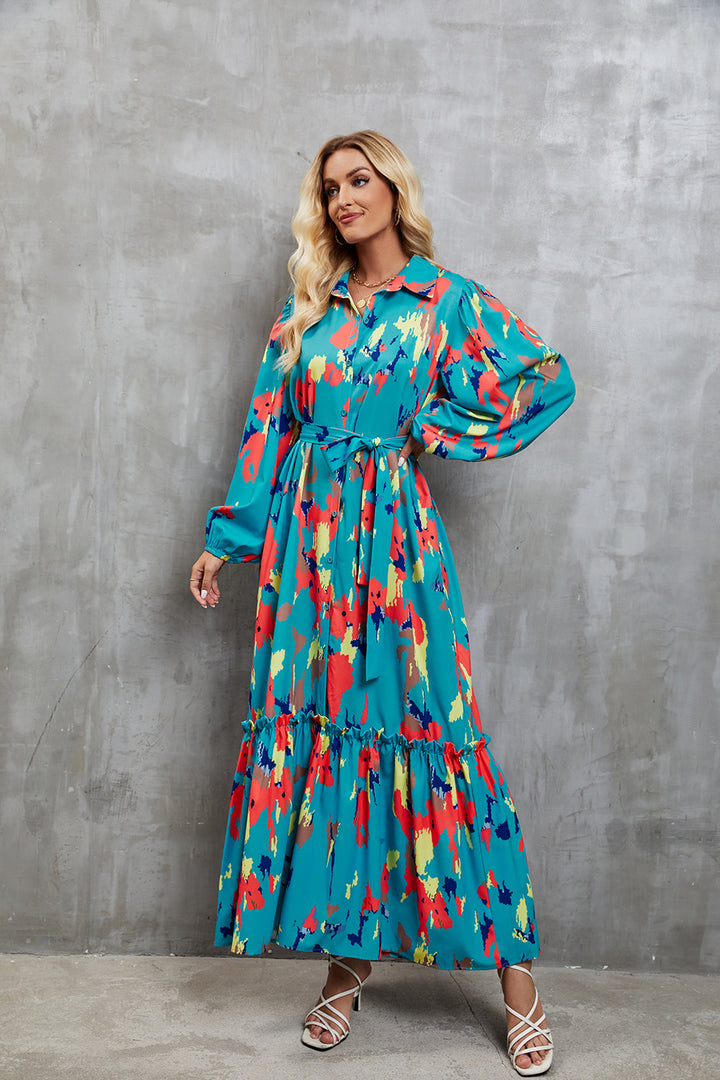 Ladies elegant maxi dress with high neck collar and colorful pattern Lune London