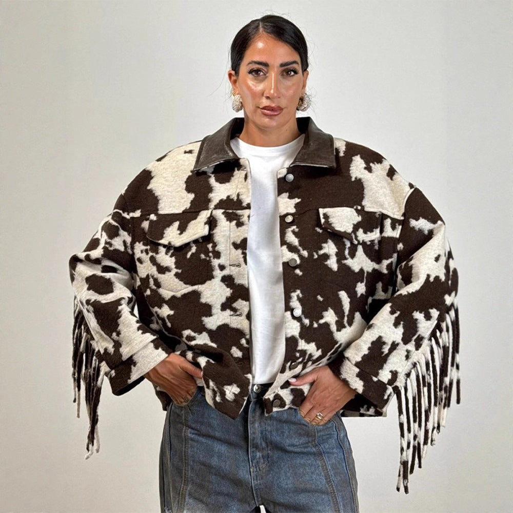 Fringed oversized jacket for women with cow print Lune London