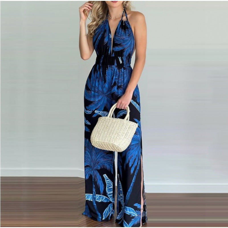 Ladies Tropical Print Jumpsuit High Split Lune London
