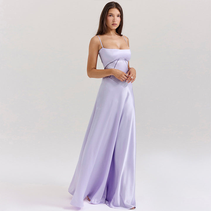 Women's Elegant Maxi Dress with Slim Spaghetti Straps and Flowing Satin Fall Lune London