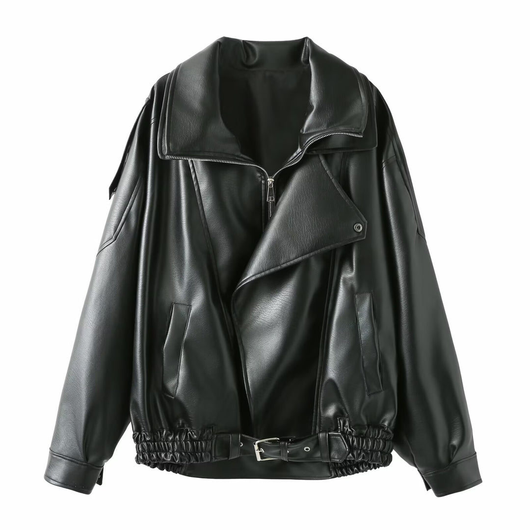 Ladies elegant faux leather jacket with high collar and belt at the waist Lune London