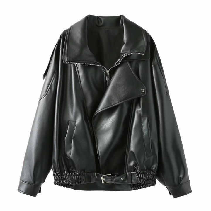 Ladies elegant faux leather jacket with high collar and belt at the waist Lune London