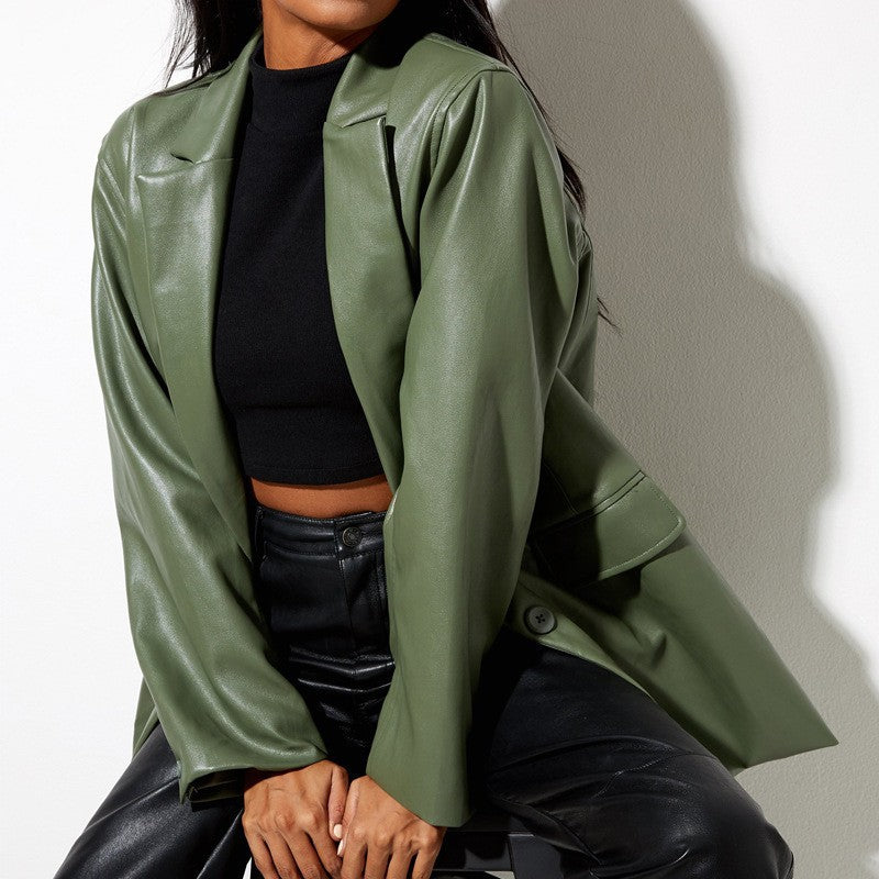 Ladies Oversized Blazer in Faux Leather Lune London