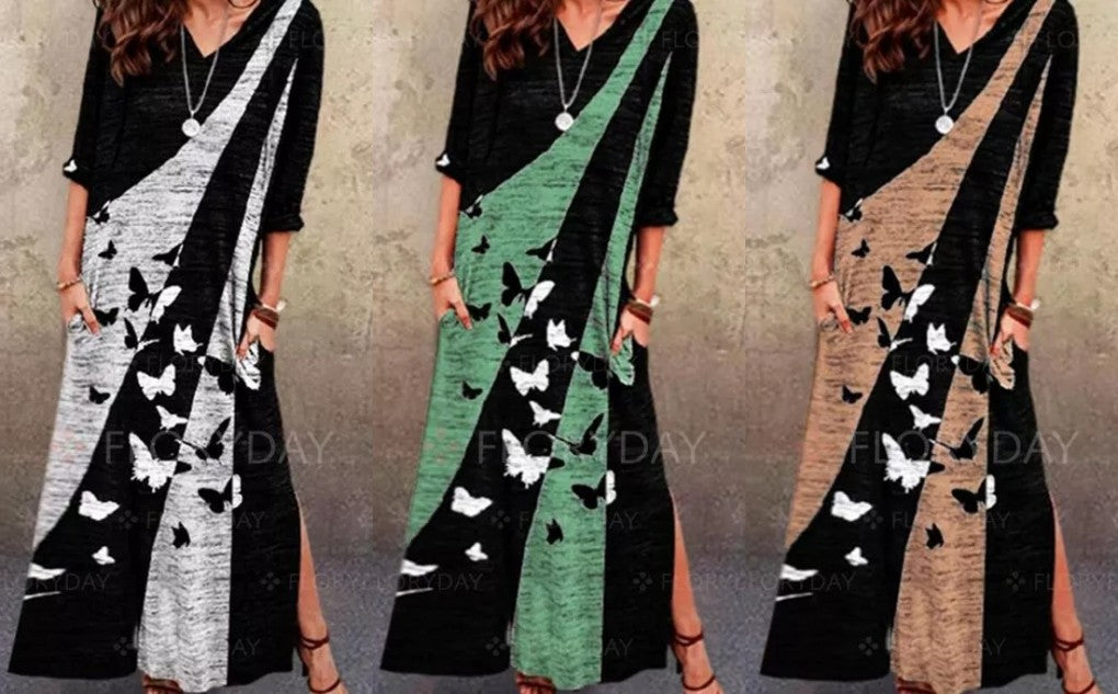 Maxi dress for women with an artistic butterfly design and practical pockets Lune London