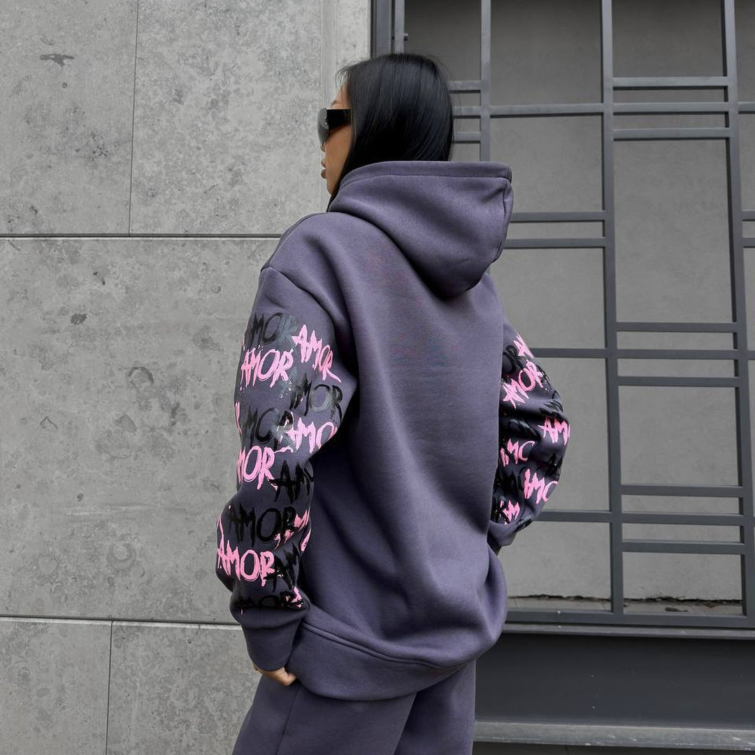 Hoodie for women with creative lettering and unique sleeve graphics Lune London