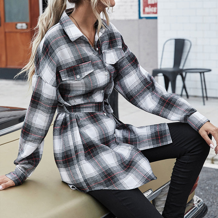 Checkered shirt dress for women with adjustable belt and button placket Lune London