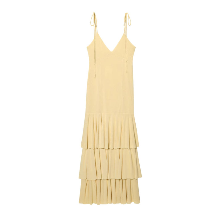 Maxi dress for women with voluminous ruffle details and adjustable spaghetti straps Lune London