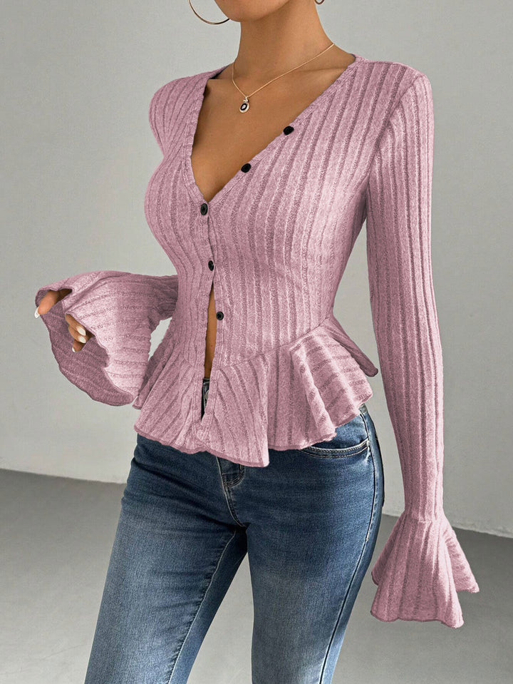 Lady knit top with refined pleated design and button placket Lune London