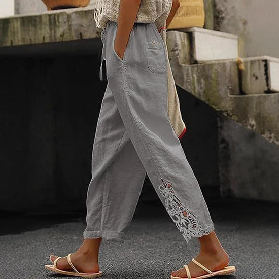 Airy linen trousers for ladies with decorative embroidery Lune London