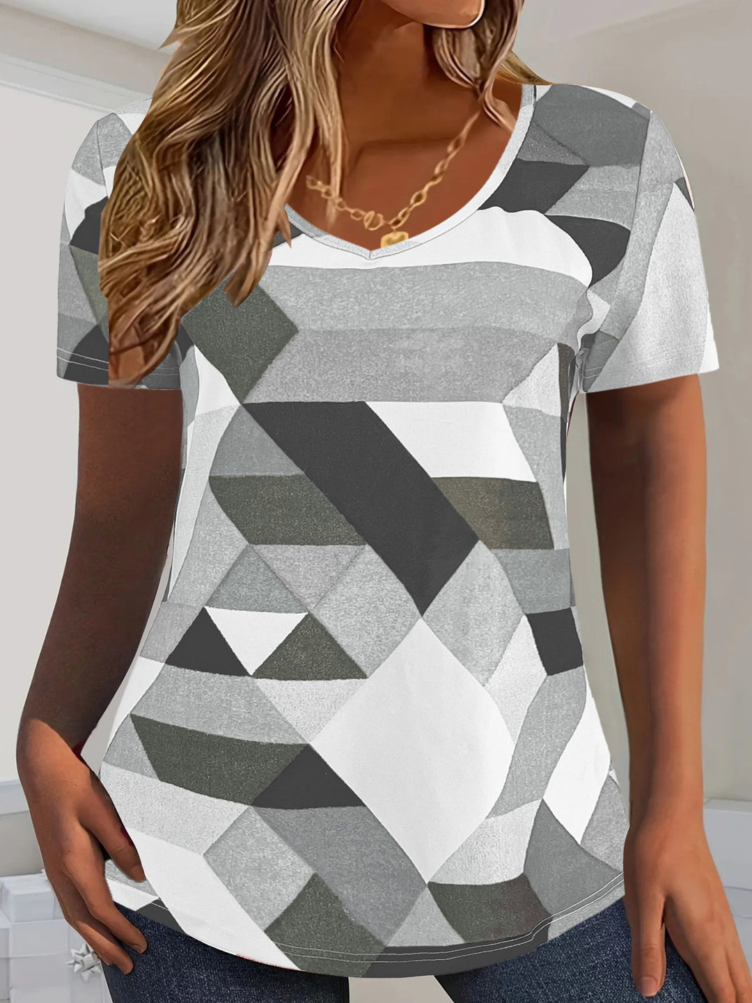 Women's V-neck t-shirt with geometric pattern and soft material Lune London