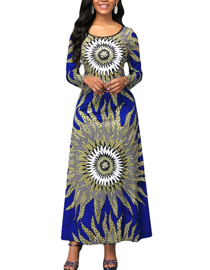 Maxi dress for women with an impressive graphic pattern and a round neck Lune London