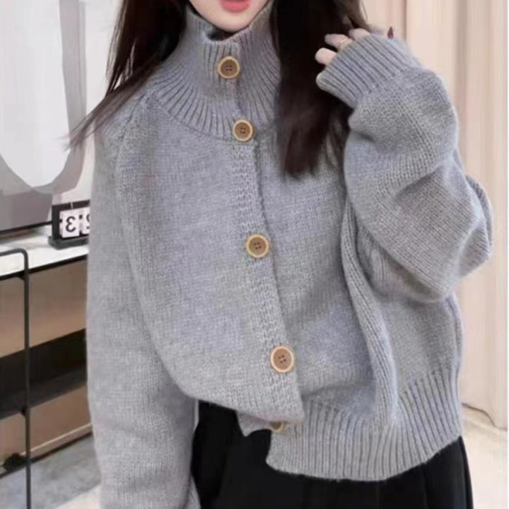 Comfortable cardigan for women with high collar and decorative buttons Lune London