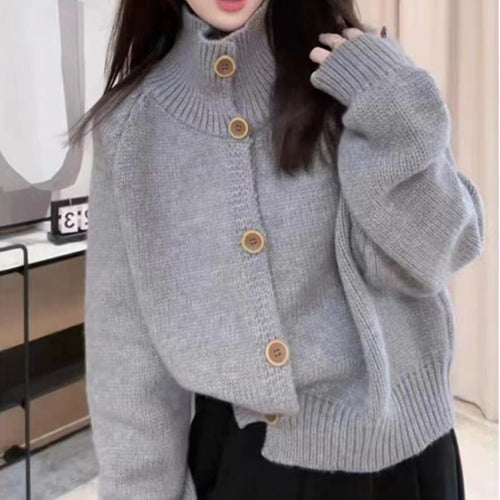 Comfortable cardigan for women with high collar and decorative buttons Lune London