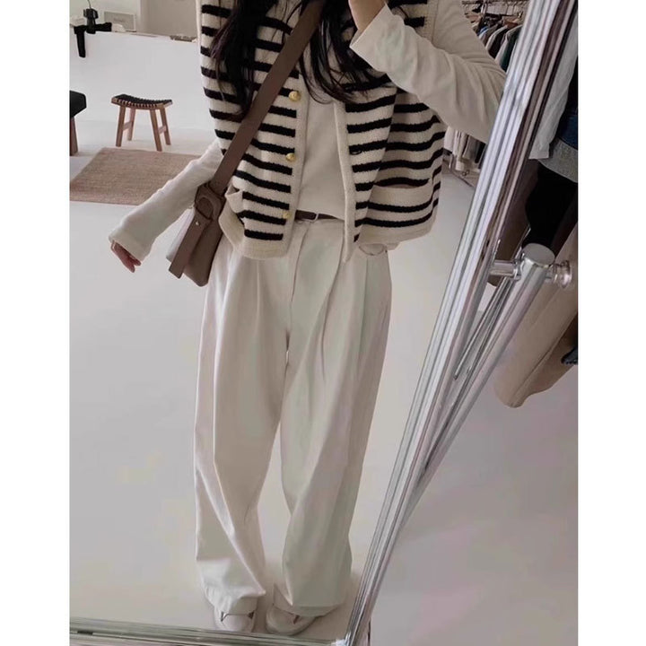 Striped contrast knit vest for women with golden buttons Lune London