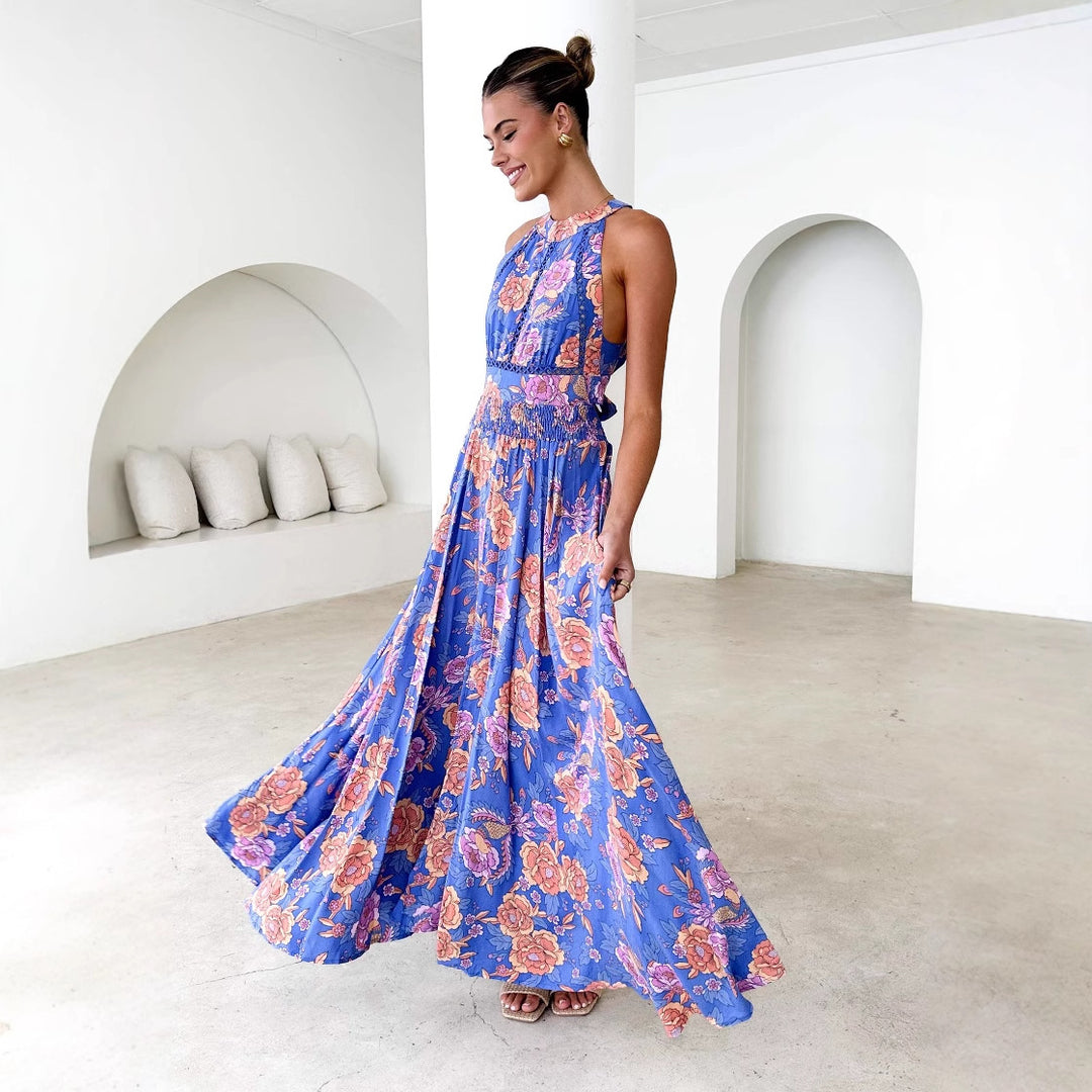 Elegant Maxi Dress for Women with Floral Accents and Chic Backless Style