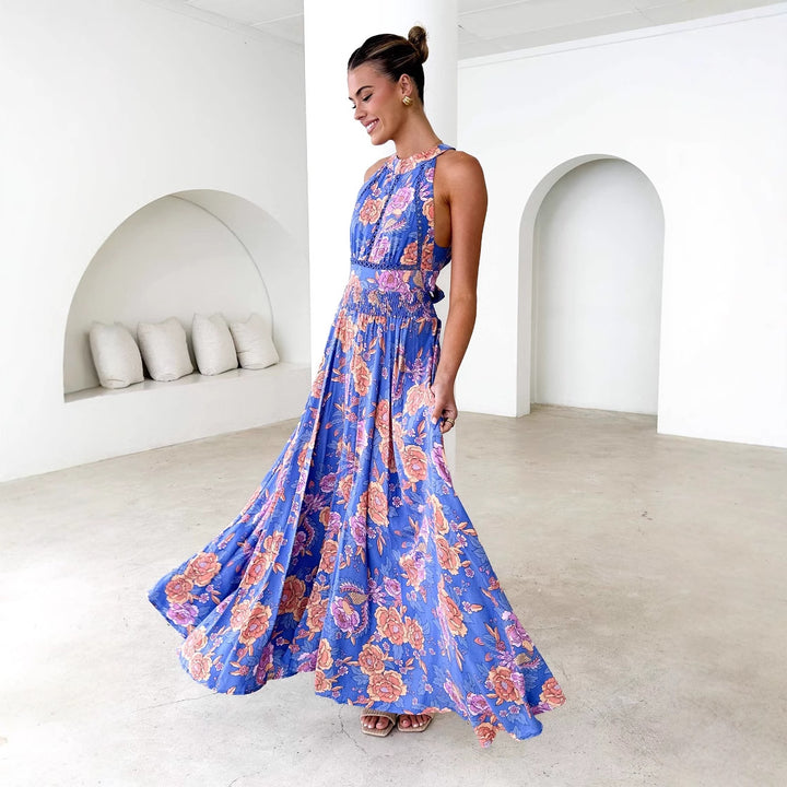 Elegant Maxi Dress for Women with Floral Accents and Chic Backless Style