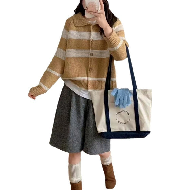 Ladies fashionable knitted cardigan with stylish stripes and wooden buttons Lune London