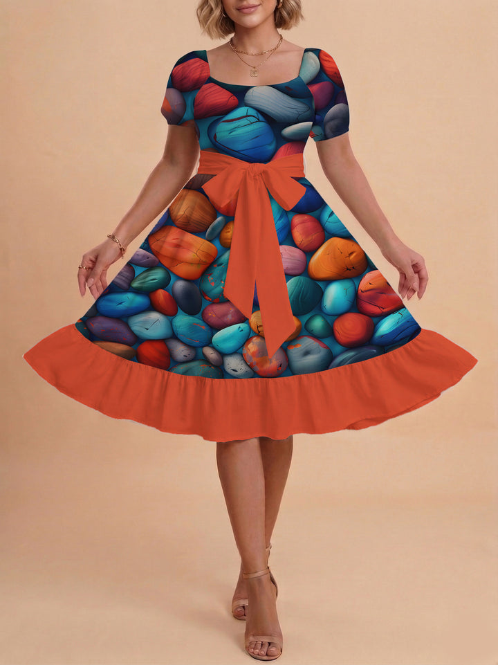 Women's Midi Dress with Elegant Floral Print and Fitted Belt Lune London