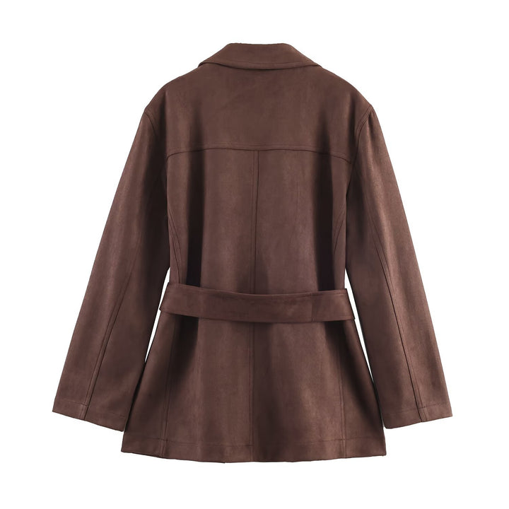 Faux leather blazer jacket for women with fitted cut and large belt Lune London