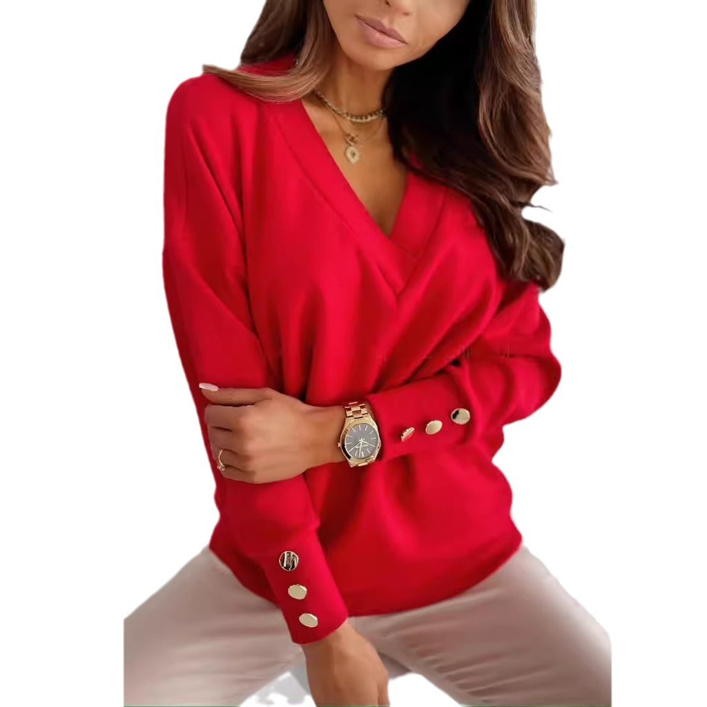 Elegant sweater for women with V-neck and trendy button details Lune London