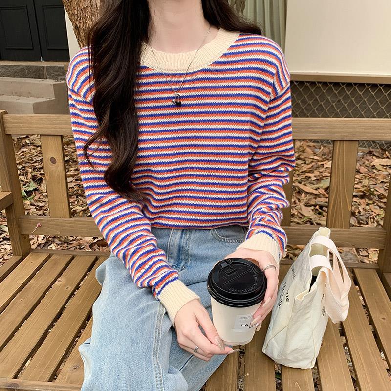 Ladies casual striped sweater with stylish ruffle trim Chic & Stil