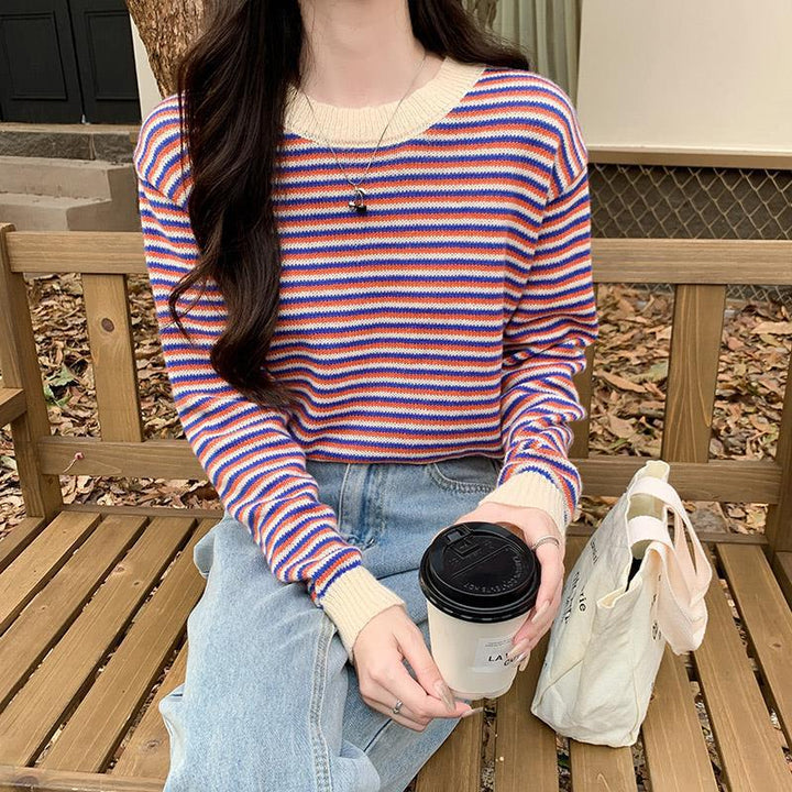 Ladies casual striped sweater with stylish ruffle trim Chic & Stil