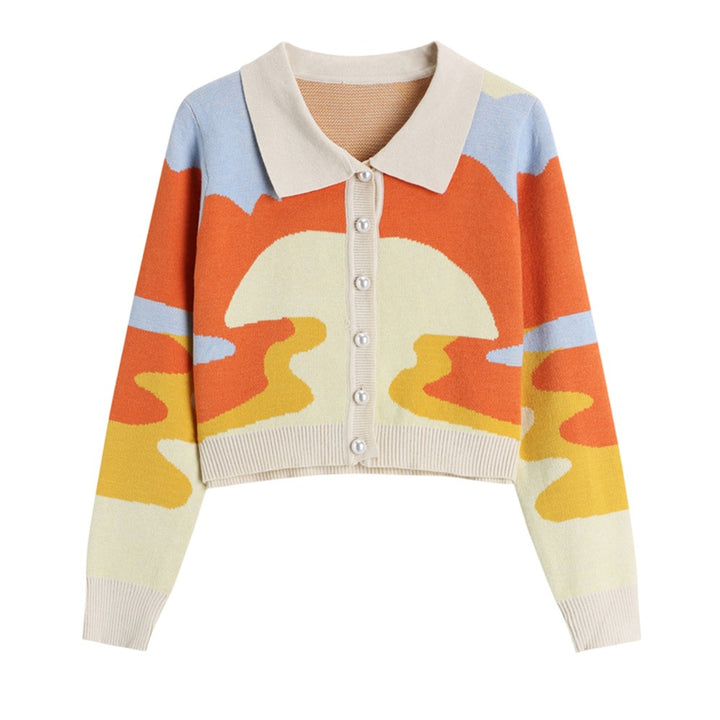 Fashionable knitted jacket for women with a creative color gradient and chic collar