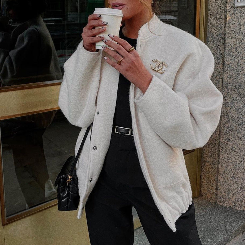 Ladies elegant oversized wool jacket with relaxed fit and textured fabric Lune London
