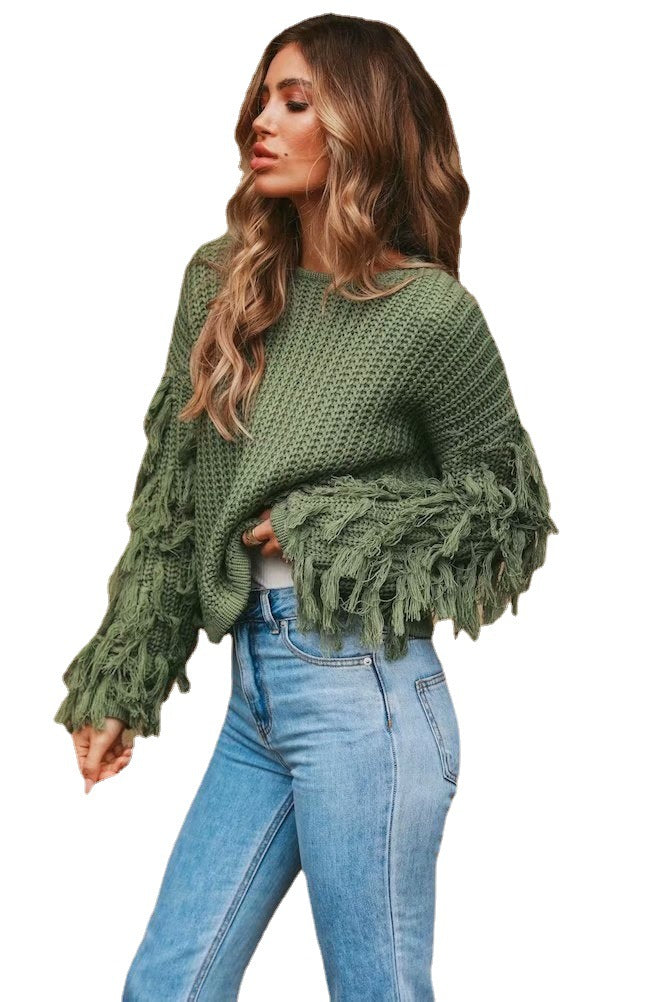 Structured sweater for women with original fringed sleeves Lune London