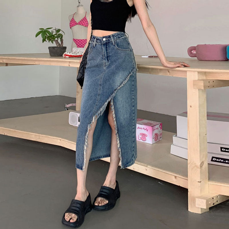 Jupe midi en denim pour femme avec ourlet asymétrique Chic & Stil