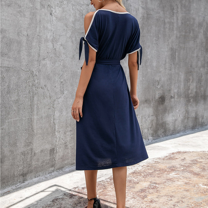 Midi dress woman with bold shoulder details and an adjustable belt Lune London