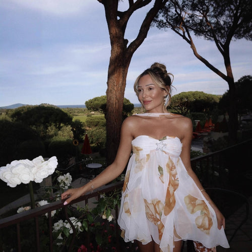 Evening dress for women with floating ruffle design and backless Lune London